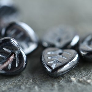 100 Lustred Jet Black  Heart Leaf Beads 9mm  Czech Glass Beads For Jewelry Making  Glass Leaf Beads