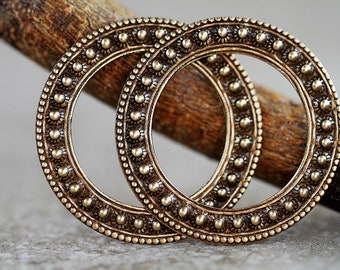 2 Large Beaded Ornament Hoops 37mm  Antique Brass Plated Brass Components for Jewelry Making  Made in USA  Brass Hoop Stampings