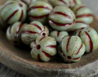 30 Matte Rustic Picasso Red Wash Opaque Mint Glass Fluted Round MELON Beads 8mm Czech Glass Beads for Jewelry Making Fluted Round Beads