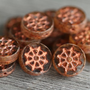 10 Wheel Coin Beads 12mm  Czech Glass Beads for Jewelry Making  Picasso Table Cut Beads  Rustic Picasso Copper Inlays Clear Glass