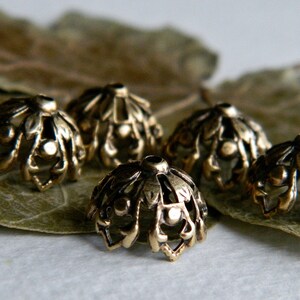 May include: Five gold-toned metal bead caps with a decorative, intricate design. The caps are arranged on a brown leaf.