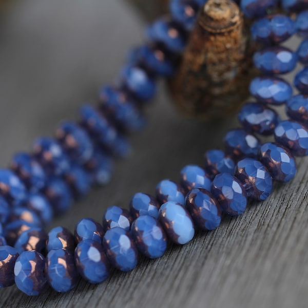 30 Bronze Lustre Opal Periwinkle Blue Glass RONDELLE Beads 6x8mm  Czech Glass Beads for Jewellery Making  Fire Polished Beads  Perles Perlen