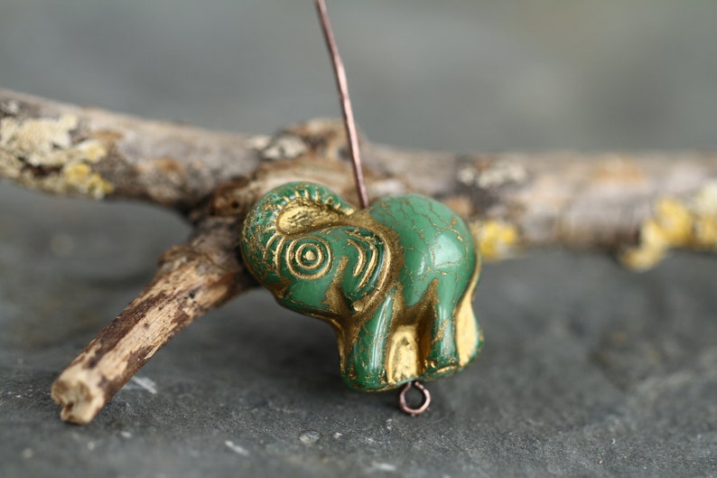 4 Gold Washed ELEPHANT Beads 20x21mm Czech Glass Beads For Jewelry Making Fern Green Royal Blue White Green image 7