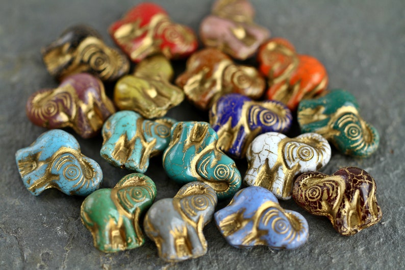 4 Gold Washed ELEPHANT Beads 20x21mm Czech Glass Beads For Jewelry Making Fern Green Royal Blue White Green image 10