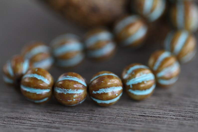 25 Rustic Picasso Blue Washed MELON Beads 8mm Czech Glass Beads for Jewelry Making Fluted Round Beads Perlen Perles image 3