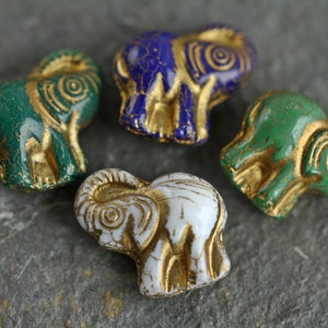 4 Gold Washed ELEPHANT Beads 20x21mm  Czech Glass Beads For Jewelry Making  Fern Green Royal Blue White Green