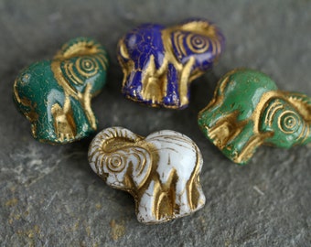 4 Gold Washed ELEPHANT Beads 20x21mm  Czech Glass Beads For Jewelry Making  Fern Green Royal Blue White Green