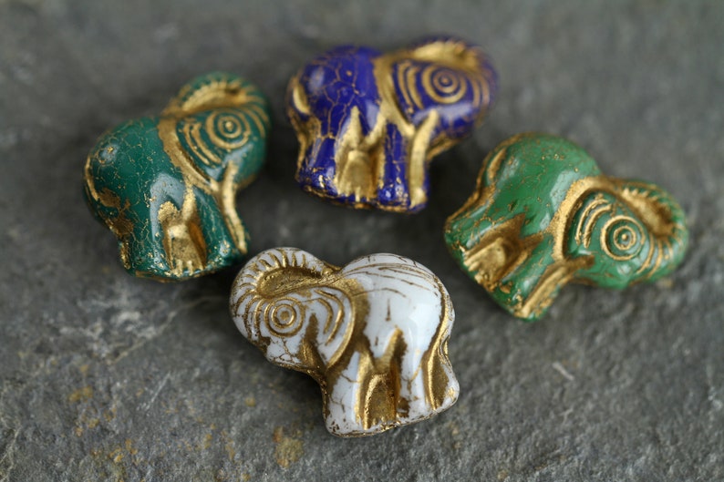 4 Gold Washed ELEPHANT Beads 20x21mm Czech Glass Beads For Jewelry Making Fern Green Royal Blue White Green image 1