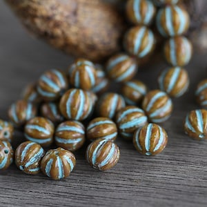 25 Rustic Picasso Blue Washed MELON Beads 8mm Czech Glass Beads for Jewelry Making Fluted Round Beads Perlen Perles image 4