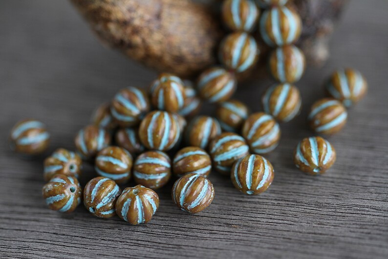 25 Rustic Picasso Blue Washed MELON Beads 8mm Czech Glass Beads for Jewelry Making Fluted Round Beads Perlen Perles image 4