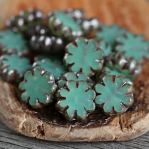 20 Antique Silver Blue Opal  Glass Flower Beads 9mm  Czech Glass Beads for Jewelry Making  Table Cut Cactus Flower Beads