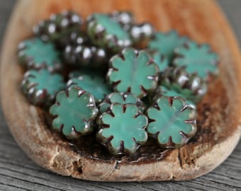 20 Antique Silver Blue Opal  Glass Flower Beads 9mm  Czech Glass Beads for Jewelry Making  Table Cut Cactus Flower Beads