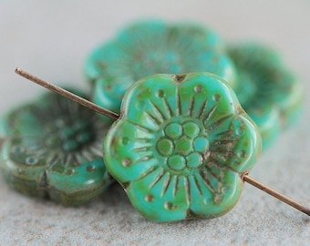 10 Rustic Picasso Turquoise ANEMONE FLOWER Beads 18mm Czech Glass Beads Jewelry Making Large Flower Beads Perles Perline Perlen チェコガラスビーズ
