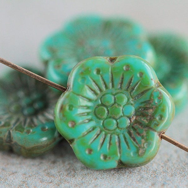10 Rustic Picasso Turquoise ANEMONE FLOWER Beads 18mm Czech Glass Beads Jewelry Making Large Flower Beads Perles Perline Perlen チェコガラスビーズ