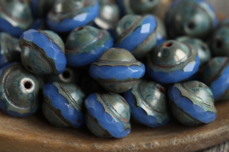 30 Rustic Picasso Opal Periwinkle Blue Glass CENTRAL CUT Beads 8x10mm Czech Glass Beads for Jewelry Making Fire Polished Saturn Beads image 9