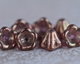 50 Bronzed Amethyst BELL FLOWER Beads 6x8mm  Glass Beads For Jewelry Making  Perles  Perlen