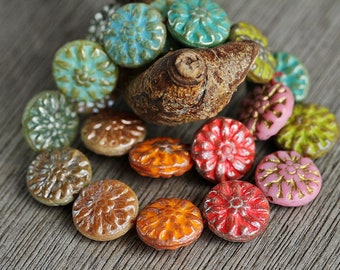 20 Multicoloured Glass DAHLIA FLOWER Bead MIX 14mm  Czech Glass Beads Jewelry Making  Flower Coin Beads Perles Perlen