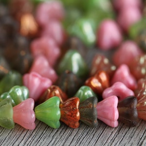 90 Floral Garden Pink & Green Bell Flower Bead Mix 6x8mm  Czech Glass Beads For Jewelry Making  Glass Flower Beads  Perles Perlen Perline
