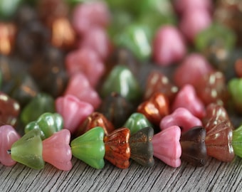 90 Floral Garden Pink & Green Bell Flower Bead Mix 6x8mm  Czech Glass Beads For Jewelry Making  Glass Flower Beads  Perles Perlen Perline