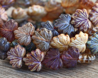 60pcs Silky Metallic Blue/Silver/Lilac Lustred Glass MAPLE LEAF Bead MIX 11x13mm  Czech Glass Beads  Pressed Leaf Beads  Perles Perlen Perle