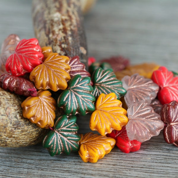 40 Bronze Washed Bright Multicolour Matte Glass MAPLE LEAF Bead MIX 11x13mm  Czech Glass Beads for Jewelry Making  Glass Leaf Beads