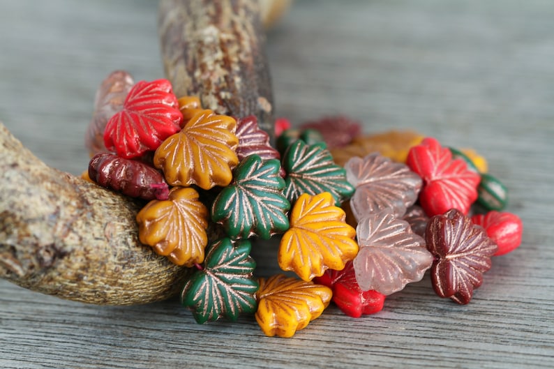 40 Bronze Washed Bright Multicolour Matte Glass MAPLE LEAF Bead MIX 11x13mm Czech Glass Beads for Jewelry Making Glass Leaf Beads image 1