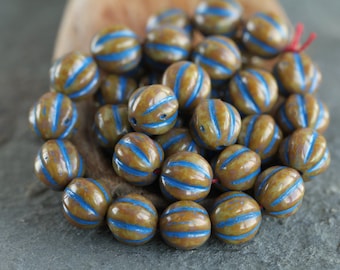 25 Blue Washed Picasso Grey MELON Beads 8mm Czech Glass Beads for Jewelry Making  Fluted Round Beads