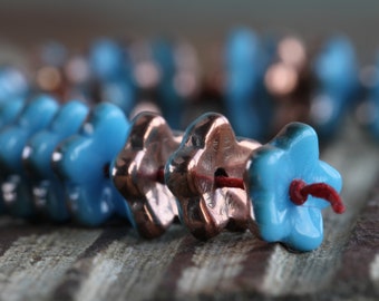 200 Copper Lustred Blue Glass Star Flower Beads 7mm  Czech Glass Beads Jewelry Making  Glass Flat Flower Beads