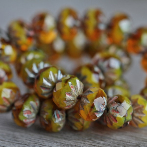 20 Rustic Picasso Marbled Opal & Clear Yellow Glass CRUELLA RONDELLE Beads 7x10mm Czech Glass Beads for Jewelry Making Fire Polished