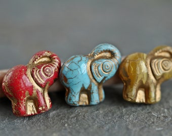 3 Gold Washed ELEPHANT Beads 20x21mm  Czech Glass Beads For Jewelry Making  Red Blue Chartreuse