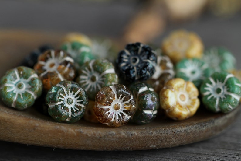 60 Rustic Picasso White Washed Multicoloured Hibiscus Flower Bead MIX 9mm Czech Glass Beads for Jewellery Making Glass Flower Beads image 1