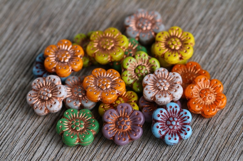 44pcs Colourful Opaque Glass MIX ANEMONE FLOWER Beads 14mm Czech Glass Beads Flat Flower Beads Perles Perlen Perline image 8