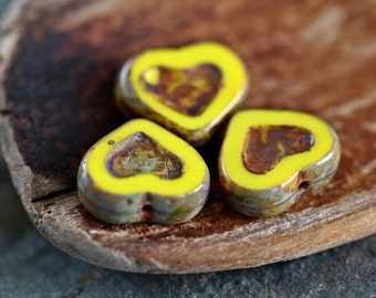 10 Rustic Picasso Yellow Heart Beads 14x12mm  Czech Glass Beads For Jewelry Making  Heart Table Cut Beads  Perlen  Perles