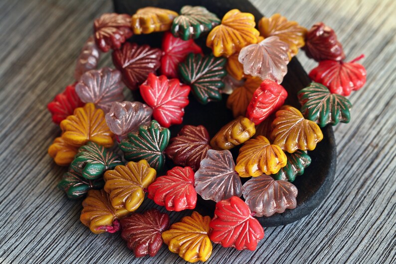 40 Bronze Washed Bright Multicolour Matte Glass MAPLE LEAF Bead MIX 11x13mm Czech Glass Beads for Jewelry Making Glass Leaf Beads image 6
