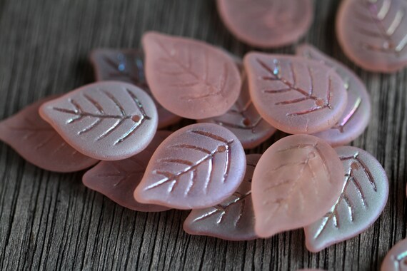 14 Matte AB Pink Dogwood Leaf Beads 18x13mm  Czech Glass Beads for Jewelry Making  Glass Leaf Beads