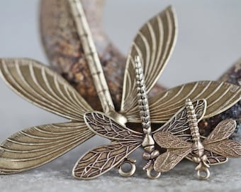 7 Antique Brass Dragonfly Pendant/Drop Mix  Vintage Findings For Jewelry Making  Antique Brass Jewelry Components  Made in USA  Mixed Sizes