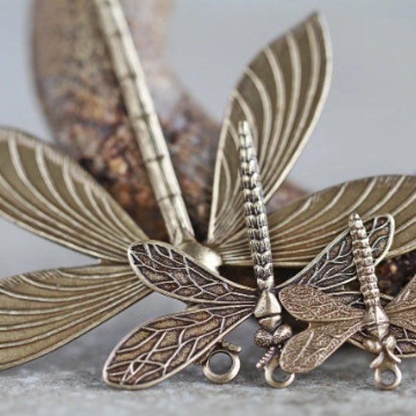 7 Antique Brass Dragonfly Pendant/Drop Mix  Vintage Findings For Jewelry Making  Antique Brass Jewelry Components  Made in USA  Mixed Sizes