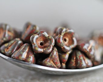 50 Rustic Bronze Wash Picasso Orange BELL FLOWER Beads 6x8mm  Czech Glass Beads For Jewelry Making  Perles  Perlen  Perline