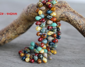 200 Rustic Picasso Opaque Glass Tiny Drop Bead MIX 4x6mm Czech Glass Beads for Jewellery Making  Perles Perlen Perline