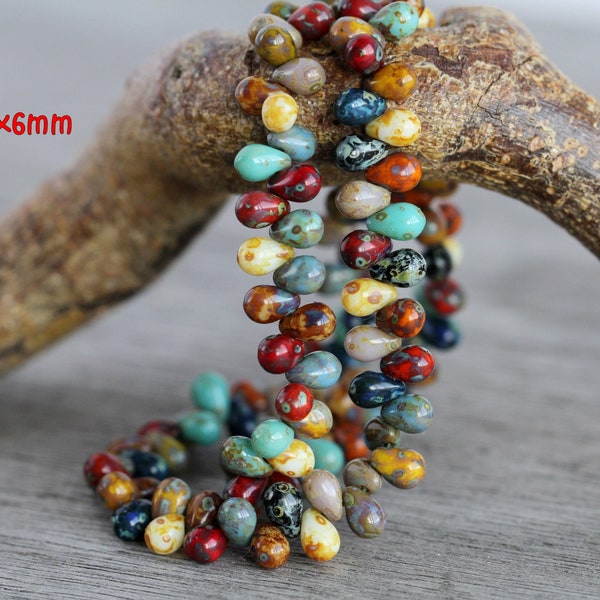 200 Rustic Picasso Opaque Glass Tiny Drop Bead MIX 4x6mm Czech Glass Beads for Jewellery Making  Perles Perlen Perline