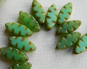 20 Rustic Picasso Opal Green  Carved Spindle Beads 18x8mm  Czech Glass Beads For Jewelry Making  Picasso Table Cut Beads