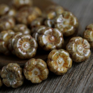 30 Olive/Brown Mottled Picasso Opaque Glass HIBISCUS FLOWER Beads 9mm  Czech Glass Beads Jewelry Making  Glass Flower Beads