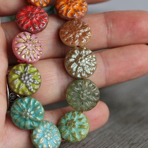 20 Multicoloured Glass DAHLIA FLOWER Bead MIX 14mm Czech Glass Beads Jewelry Making Flower Coin Beads Perles Perlen image 6