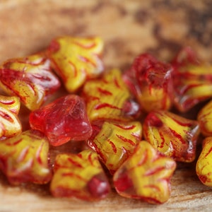 30 Small Tulip Flower Beads 9x9mm  Czech Glass Beads for Jewelry Making  Glass Flower Beads  Red Inlayed Marbled Yellow/Clear Glass