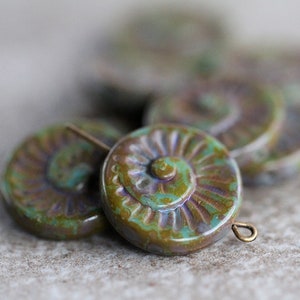 6 Picasso Turquoise Fossil Beads 18mm  Czech Glass Beads for Jewelry Making  Aged Nautilus Ammonite Beads  Perlen  Perles