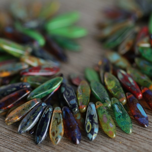 50 Rustic Picasso Multicolour Glass DAGGER Bead MIX 5x16mm  Czech Glass Beads for Jewelry Making  Daggers  Perles  Perlen  Perline