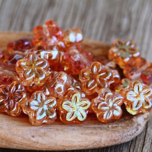 40 Light Iridescent Apricot Lustred Clear Glass 5-petal STAR FLOWER Beads 8mm Czech Glass Beads For Jewelry Making Glass Flower Beads
