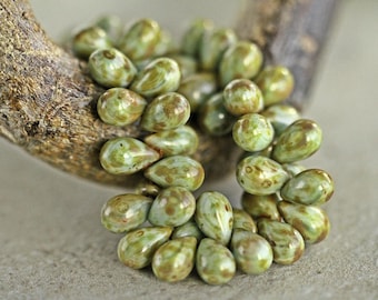 50 Rustic Picasso Sage  Drop Beads 6x9mm  Czech Glass Beads for Jewelry Making  Glass Teardrops