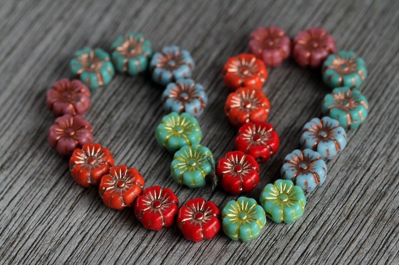 60 Bright Multicoloured Hibiscus Flower Bead MIX2 9mm Czech Glass Beads for Jewellery Making New Copper Washed Glass Flower Mix2 image 2
