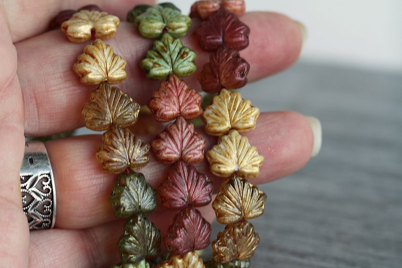 60pcs Silky Metallic Green/Gold/Copper Lustred Glass MAPLE LEAF Bead MIX 11x13mm Czech Glass Beads Pressed Leaf Beads Perles Perlen Perle image 9